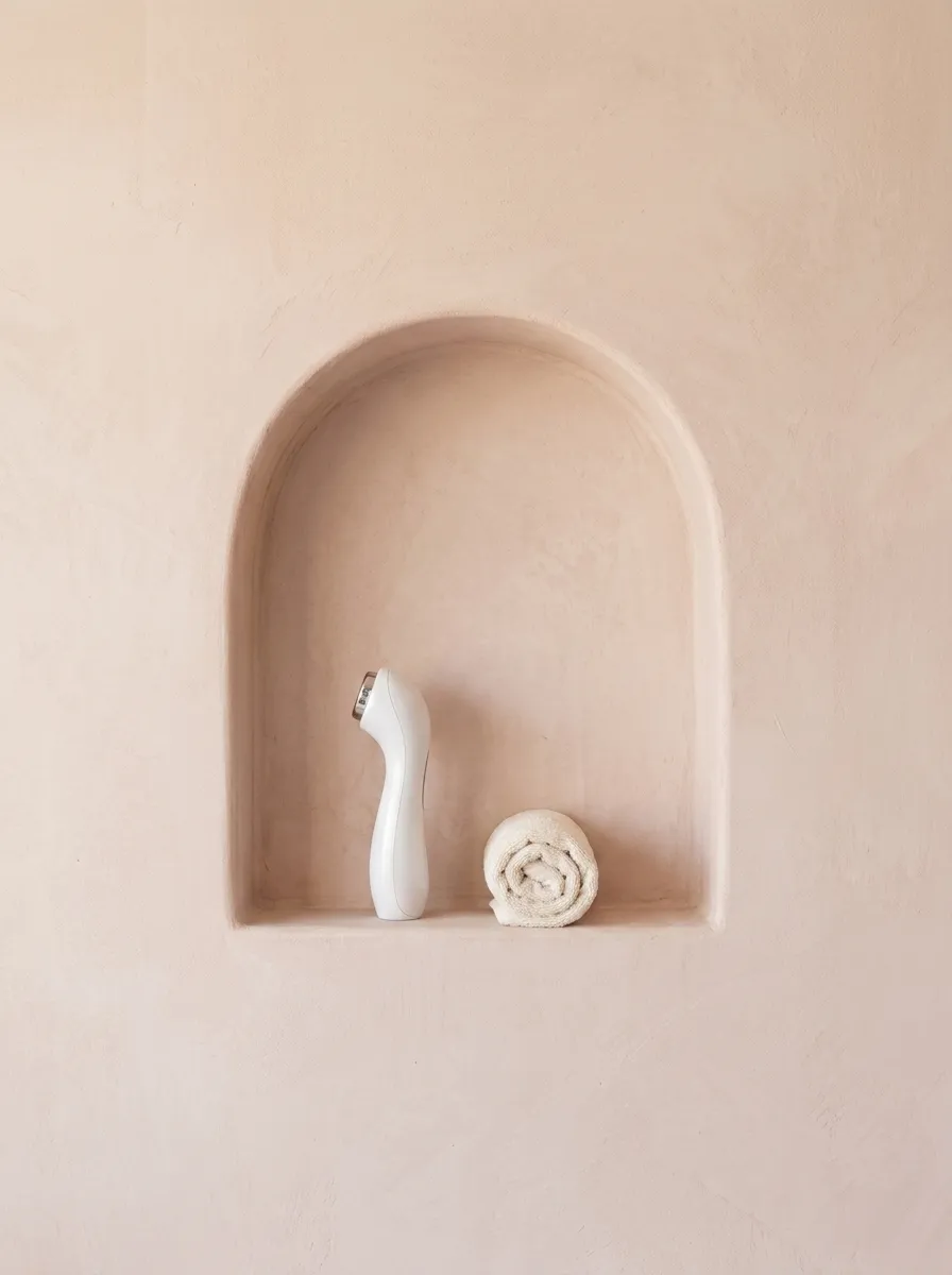 A plaster niche holding a curved skin-tightening handpiece beside a rolled towel