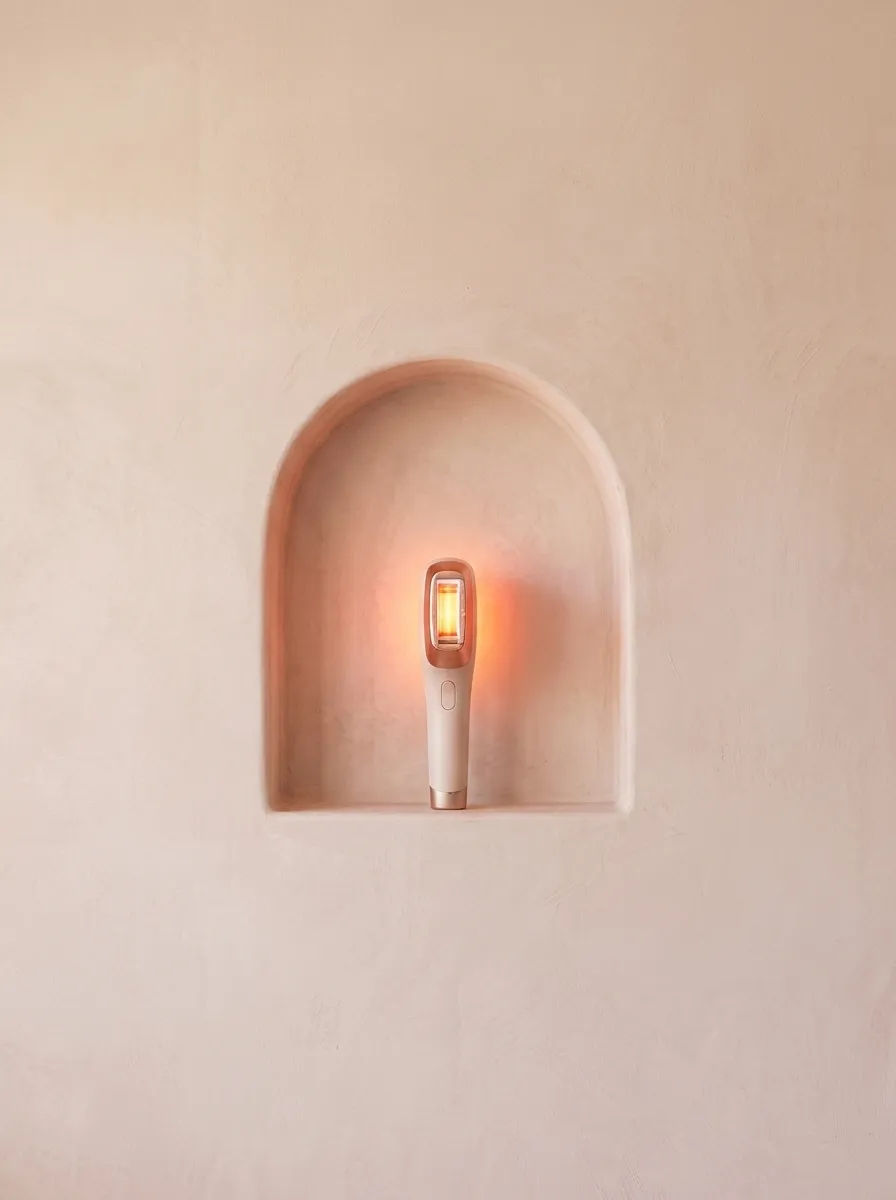 A plaster niche holding an IPL handpiece, its glass tip glowing warmly